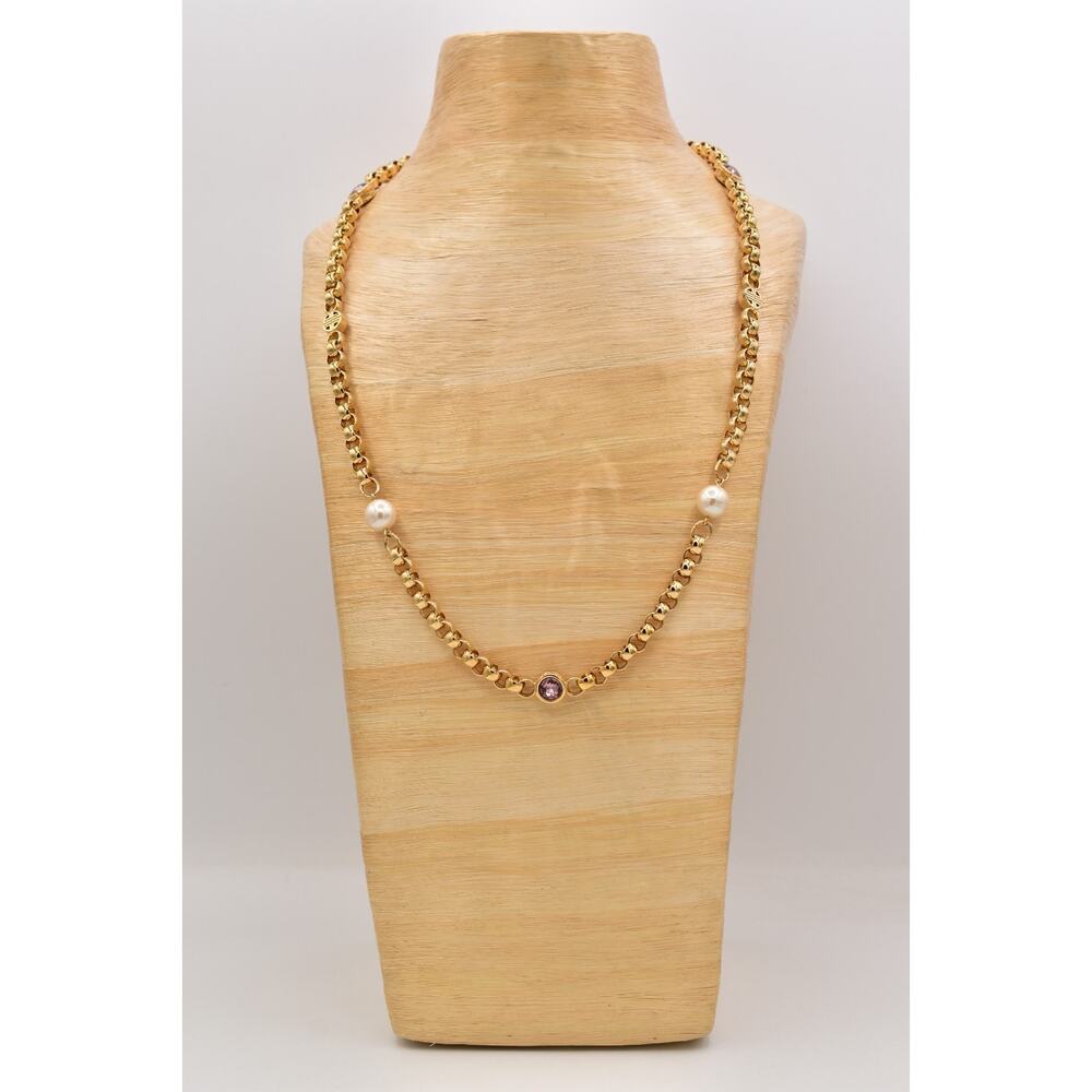 Givenchy Vintage Logo Chain Necklace Pearl Pink Crystal Gold Chunky Signed Bin1 - Picture 8 of 12